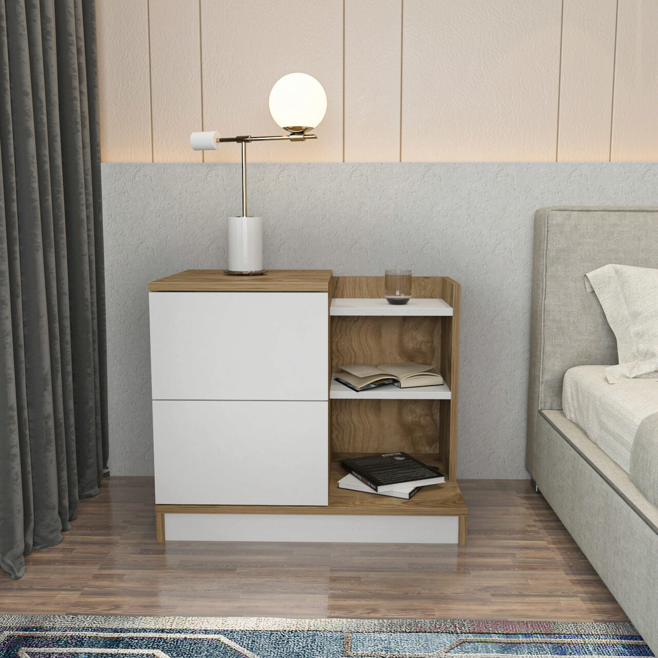 Noptiera, Hanah Home, Rena, 72x45x60 cm, Alb / Stejar - imagine 6
